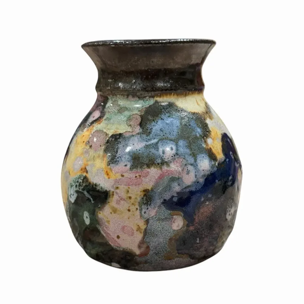 Studio Art Pottery Vase Colorful Textured Stoneware Signed Swirl Glaze 5